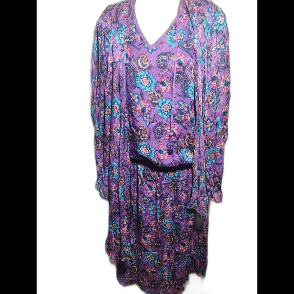 (13) VINTAGE 100% SILK DIANE FREIS PRINTED SHOULDER SCARF GATHER WAIST,Sz L